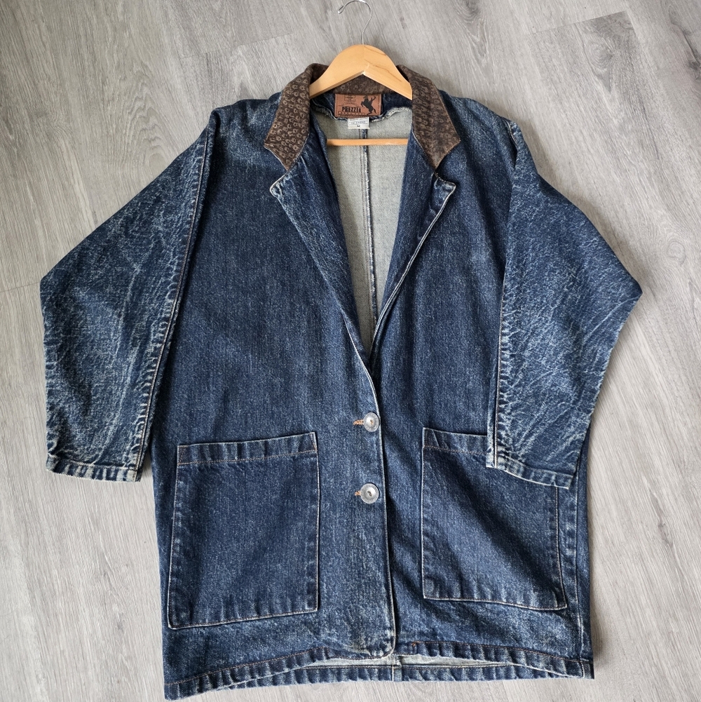 Vtg Prezzia Acid Wash Denim Jacket Size M Leather Collar Half Sleeve